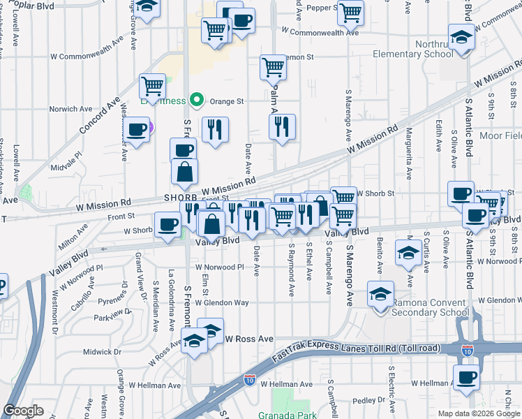 map of restaurants, bars, coffee shops, grocery stores, and more near 1300 Date Avenue in Alhambra