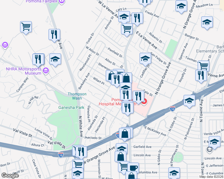 map of restaurants, bars, coffee shops, grocery stores, and more near 1748 Alameda Street in Pomona