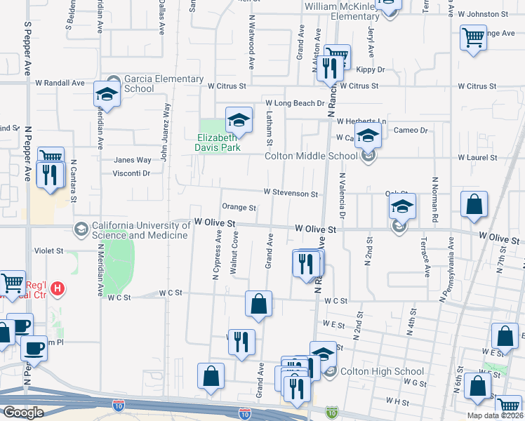 map of restaurants, bars, coffee shops, grocery stores, and more near 1105 Latham Street in Colton