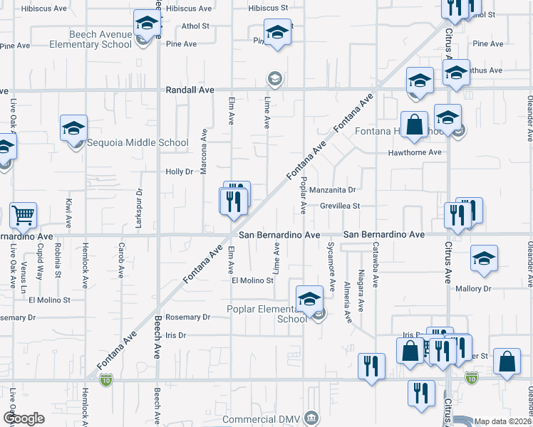 map of restaurants, bars, coffee shops, grocery stores, and more near 9633 Fontana Avenue in Fontana