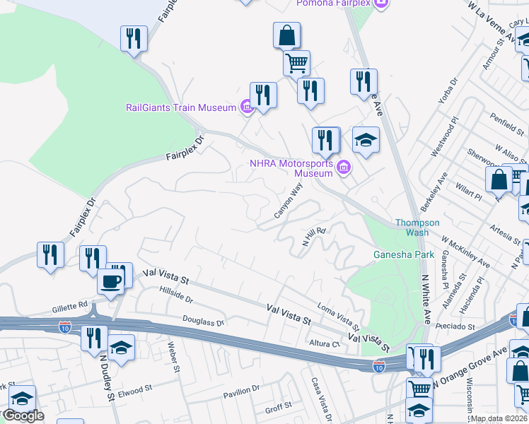 map of restaurants, bars, coffee shops, grocery stores, and more near 1215 Hillcrest Drive in Pomona