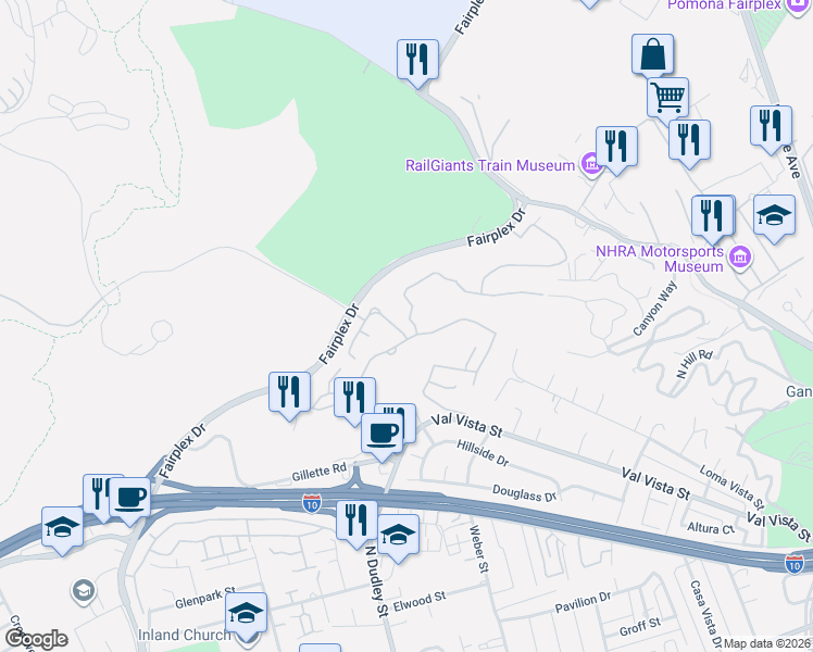 map of restaurants, bars, coffee shops, grocery stores, and more near 1758 Del Prado in Pomona