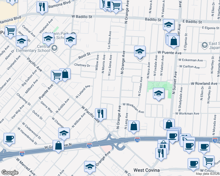 map of restaurants, bars, coffee shops, grocery stores, and more near 2005 West Padre Drive in West Covina