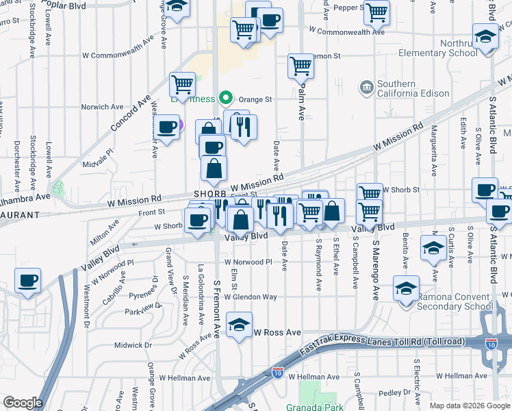 map of restaurants, bars, coffee shops, grocery stores, and more near 1315 Edgewood Drive in Alhambra