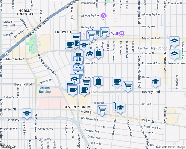 map of restaurants, bars, coffee shops, grocery stores, and more near 414 North Croft Avenue in Los Angeles