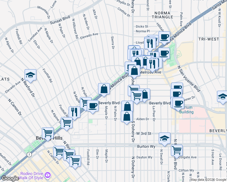 map of restaurants, bars, coffee shops, grocery stores, and more near 450 North Palm Drive in Beverly Hills