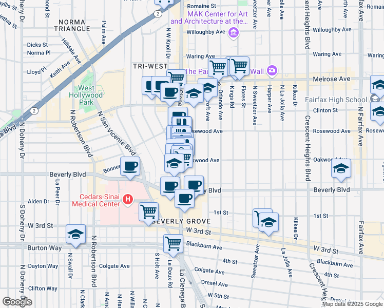 map of restaurants, bars, coffee shops, grocery stores, and more near 415 North Alfred Street in West Hollywood