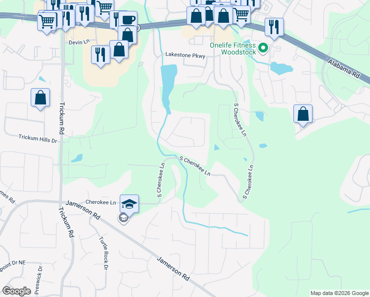 map of restaurants, bars, coffee shops, grocery stores, and more near 208 Lakestone Parkway in Woodstock