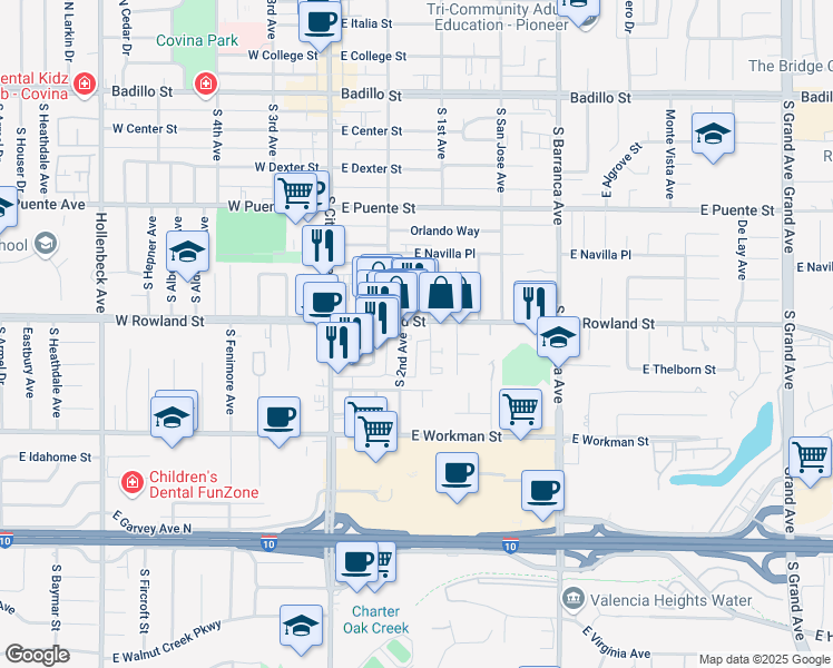 map of restaurants, bars, coffee shops, grocery stores, and more near 248 East Rowland Street in Covina