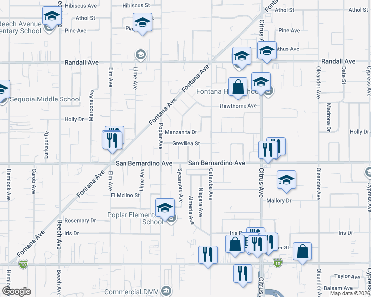 map of restaurants, bars, coffee shops, grocery stores, and more near 9628 Almeria Avenue in Fontana