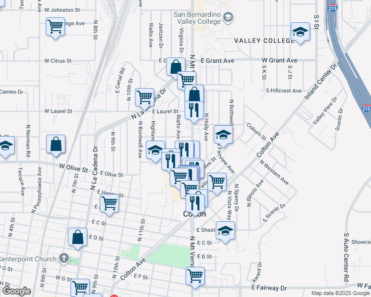map of restaurants, bars, coffee shops, grocery stores, and more near 1245 N Mt Vernon Ave in Colton