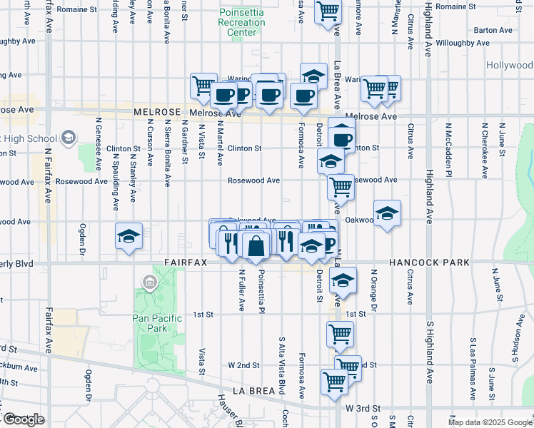 map of restaurants, bars, coffee shops, grocery stores, and more near 410 North Poinsettia Place in Los Angeles