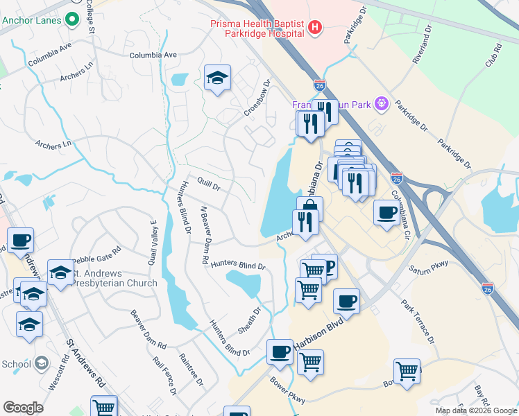 map of restaurants, bars, coffee shops, grocery stores, and more near 46 Crossbow Lakes Court in Columbia