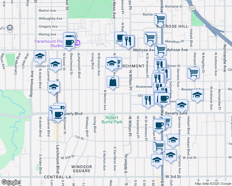 map of restaurants, bars, coffee shops, grocery stores, and more near 4955 Elmwood Avenue in Los Angeles