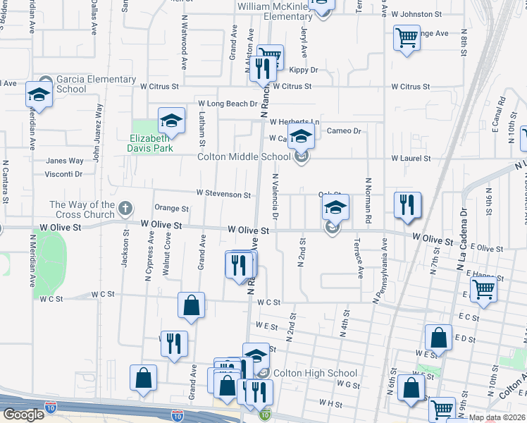 map of restaurants, bars, coffee shops, grocery stores, and more near 1170 N Rancho Ave in Colton