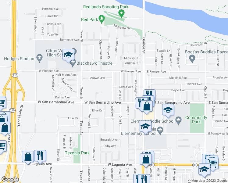 map of restaurants, bars, coffee shops, grocery stores, and more near 1636 Webster Street in Redlands