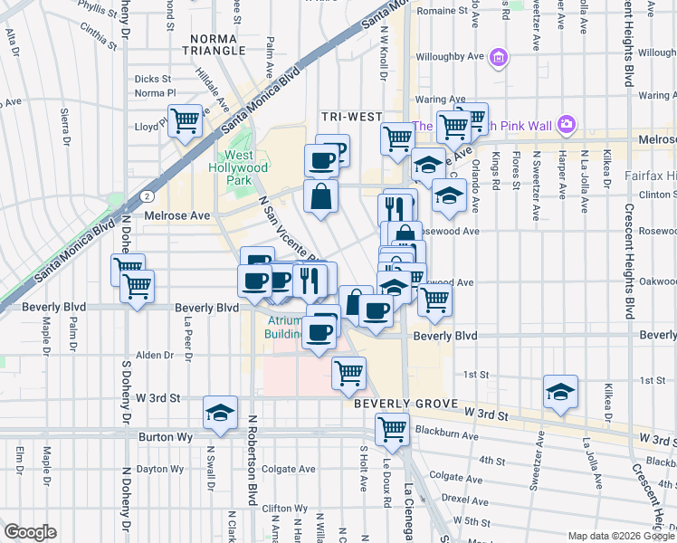 map of restaurants, bars, coffee shops, grocery stores, and more near 370 North San Vicente Boulevard in West Hollywood
