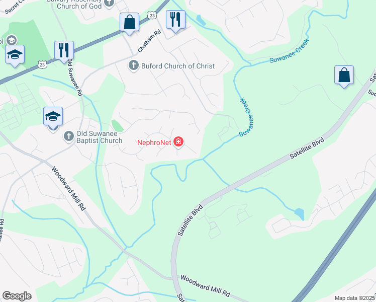 map of restaurants, bars, coffee shops, grocery stores, and more near 3786 Creekview Ridge Drive Northeast in Buford