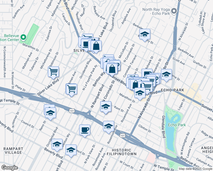 map of restaurants, bars, coffee shops, grocery stores, and more near 2517 Marathon Street in Los Angeles