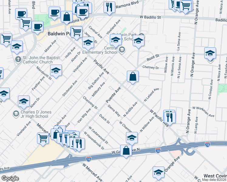 map of restaurants, bars, coffee shops, grocery stores, and more near 3629 Puente Avenue in Baldwin Park