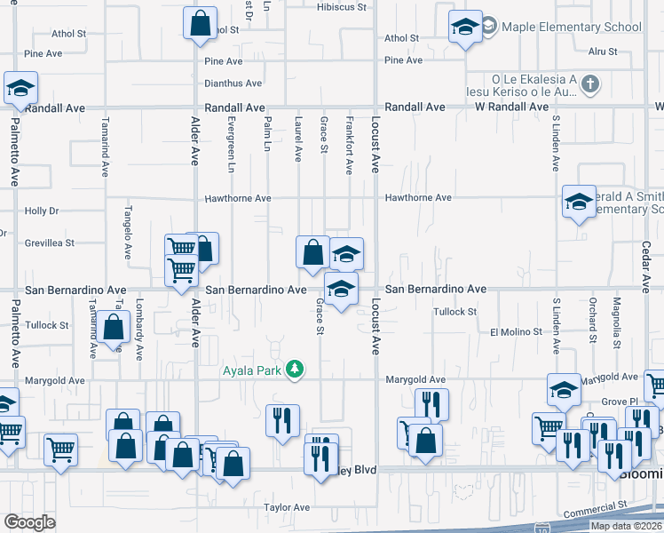 map of restaurants, bars, coffee shops, grocery stores, and more near 9649 Grace Street in Fontana