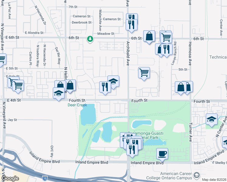 map of restaurants, bars, coffee shops, grocery stores, and more near 9615 Shadowgrove Drive in Rancho Cucamonga