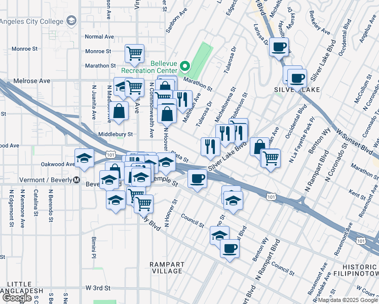 map of restaurants, bars, coffee shops, grocery stores, and more near 3422 London Street in Los Angeles