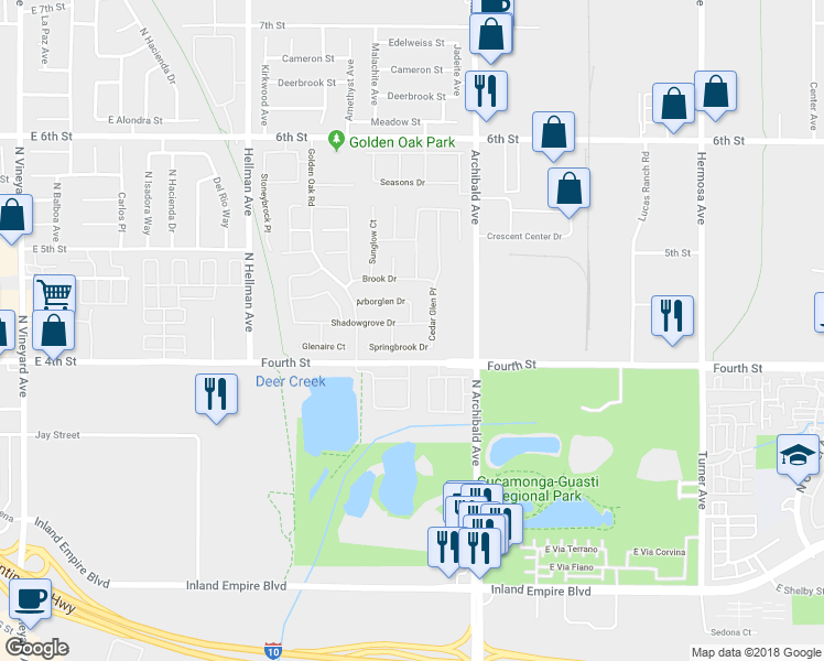 map of restaurants, bars, coffee shops, grocery stores, and more near 9615 Shadowgrove Drive in Rancho Cucamonga