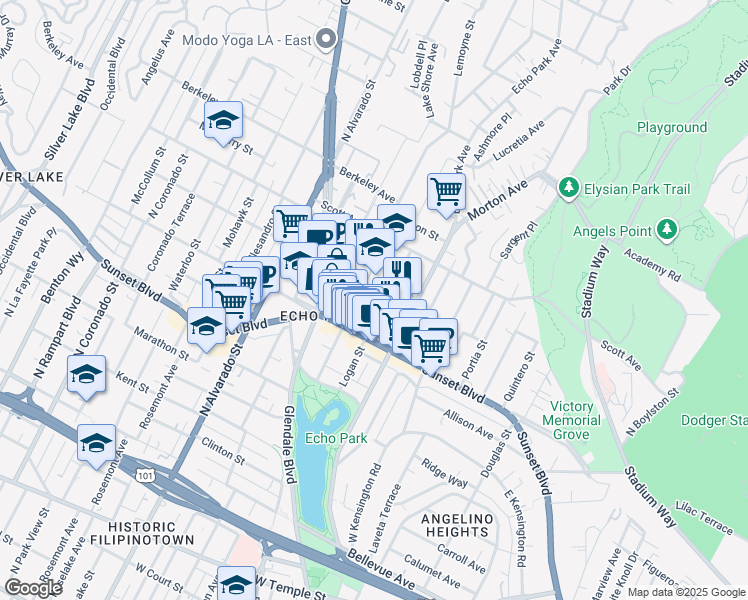 map of restaurants, bars, coffee shops, grocery stores, and more near 1712 Montana Street in Los Angeles