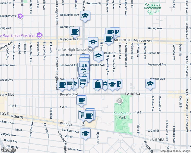 map of restaurants, bars, coffee shops, grocery stores, and more near 413 North Ogden Drive in Los Angeles