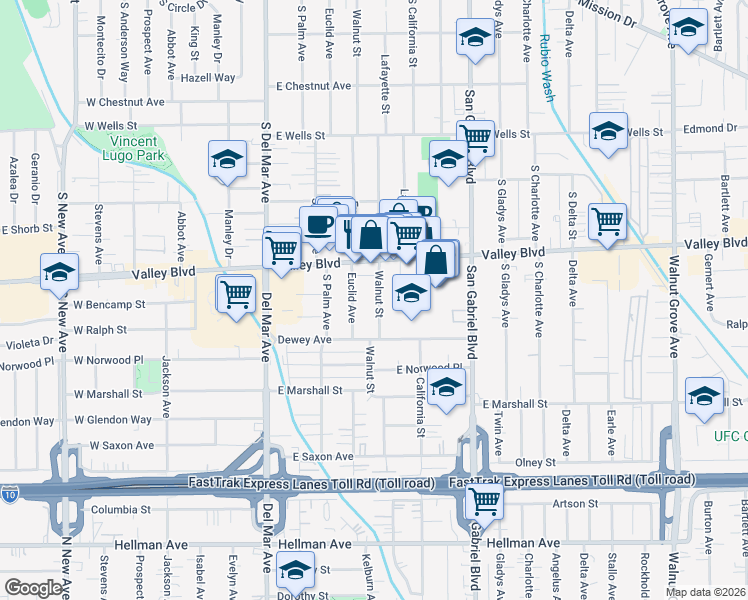 map of restaurants, bars, coffee shops, grocery stores, and more near 1639 Walnut Street in San Gabriel