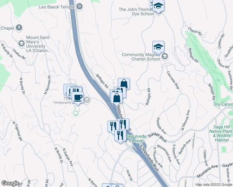 map of restaurants, bars, coffee shops, grocery stores, and more near 815 Moraga Drive in Los Angeles