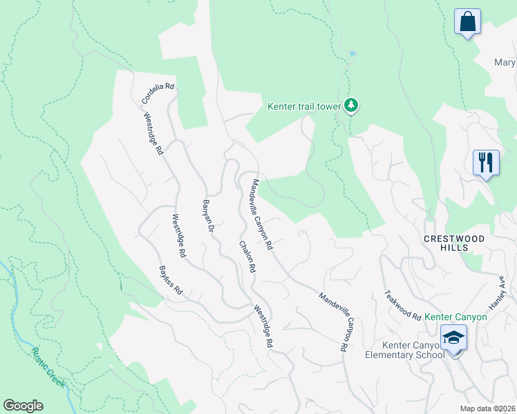 map of restaurants, bars, coffee shops, grocery stores, and more near 2332 Mandeville Canyon Road in Los Angeles