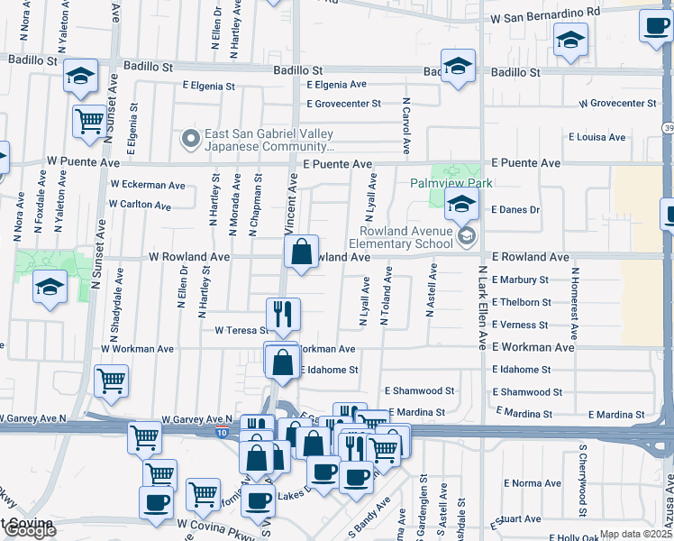 map of restaurants, bars, coffee shops, grocery stores, and more near 1059 East Marbury Street in West Covina