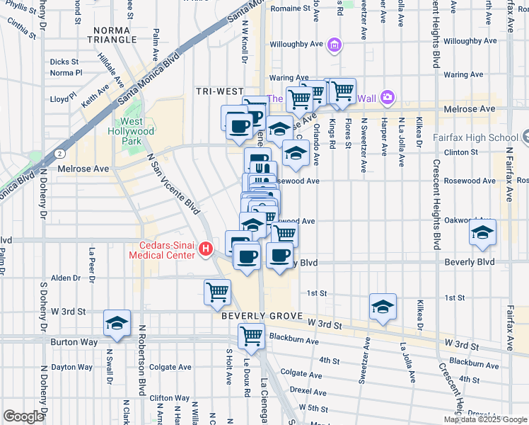 map of restaurants, bars, coffee shops, grocery stores, and more near 375 La Cienega Boulevard in Los Angeles