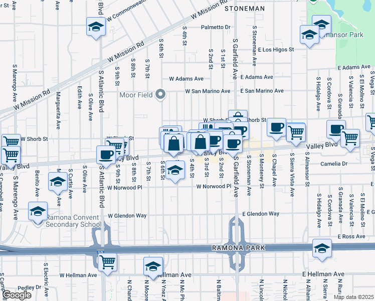 map of restaurants, bars, coffee shops, grocery stores, and more near 345A West Valley Boulevard in Alhambra