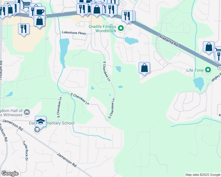 map of restaurants, bars, coffee shops, grocery stores, and more near 399 Tillman Pass in Woodstock