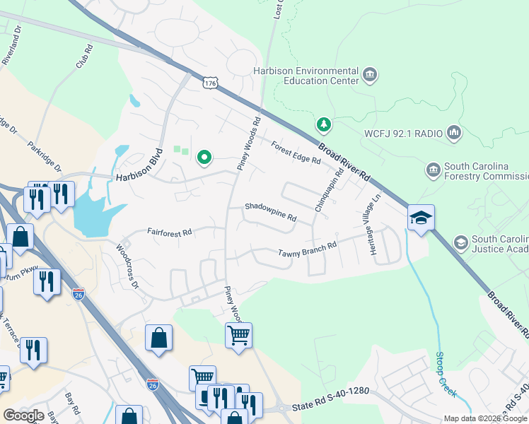 map of restaurants, bars, coffee shops, grocery stores, and more near 120 Shadowpine Road in Columbia