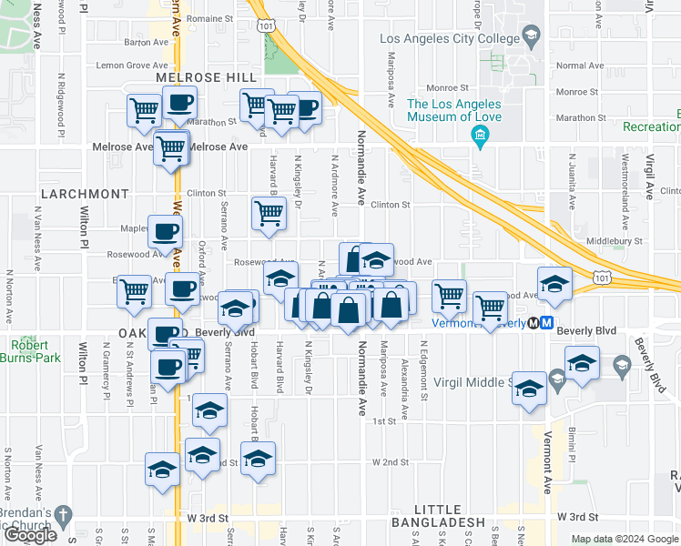 map of restaurants, bars, coffee shops, grocery stores, and more near 427 Normandie Place in Los Angeles