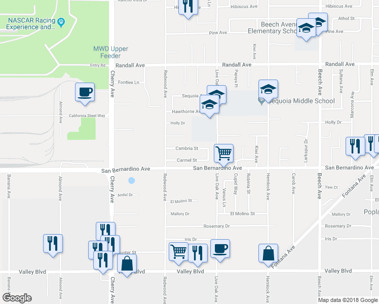 map of restaurants, bars, coffee shops, grocery stores, and more near 14809 Cambria Street in Fontana