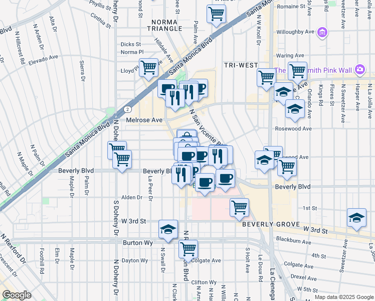 map of restaurants, bars, coffee shops, grocery stores, and more near 8756 Ashcroft Avenue in West Hollywood