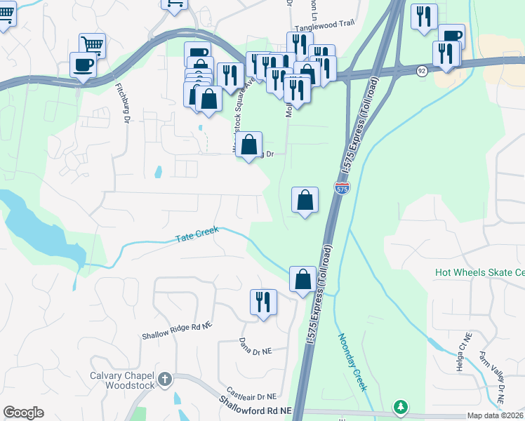 map of restaurants, bars, coffee shops, grocery stores, and more near 1605 Chesterfield Court in Woodstock
