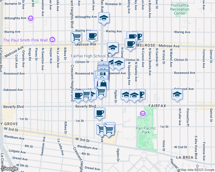 map of restaurants, bars, coffee shops, grocery stores, and more near 415 North Orange Grove Avenue in Los Angeles