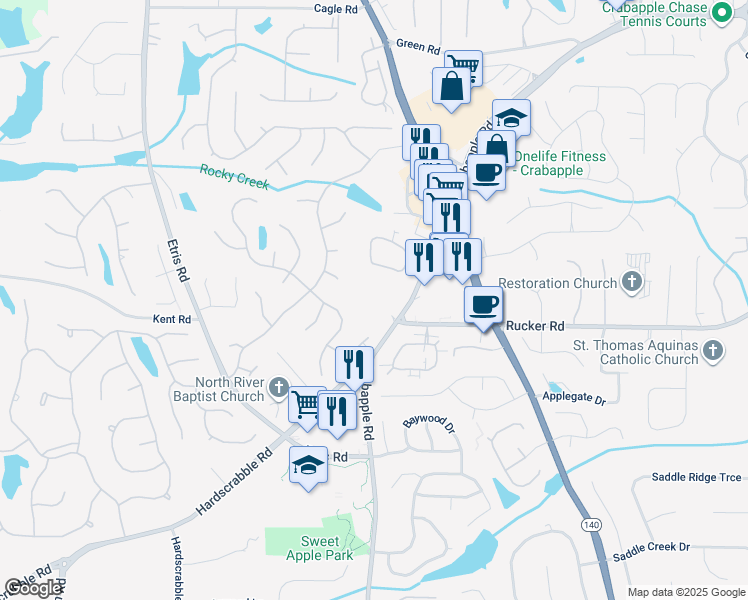 map of restaurants, bars, coffee shops, grocery stores, and more near 12200 Crabapple Road in Alpharetta