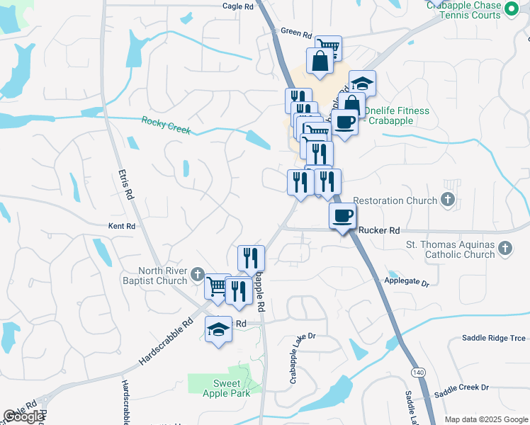 map of restaurants, bars, coffee shops, grocery stores, and more near 12200 Crabapple Road in Alpharetta