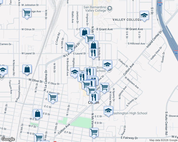 map of restaurants, bars, coffee shops, grocery stores, and more near 1245 Rialto Avenue in Colton