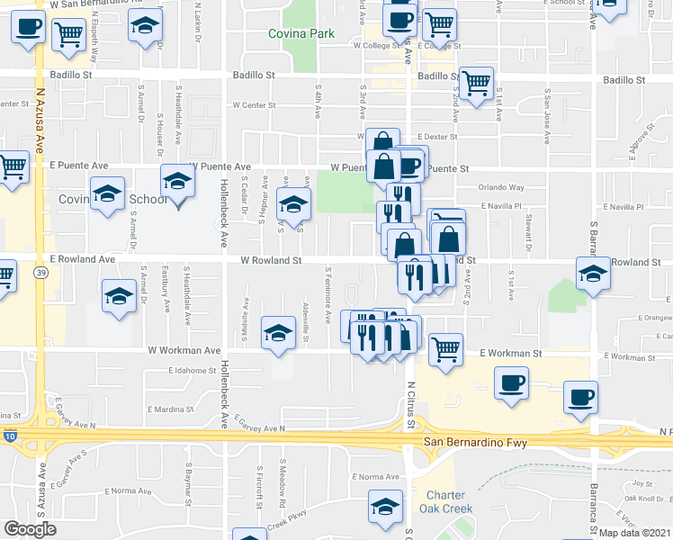 map of restaurants, bars, coffee shops, grocery stores, and more near 627 South Fenimore Avenue in Covina