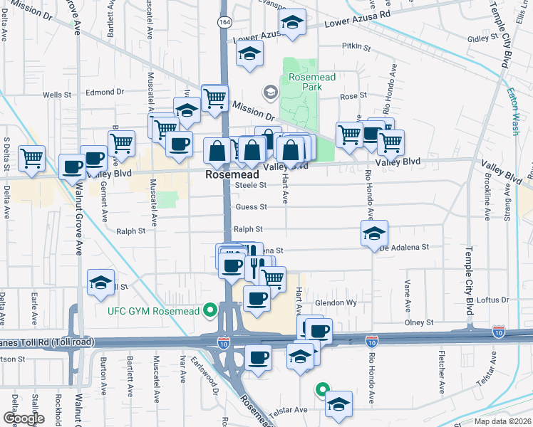 map of restaurants, bars, coffee shops, grocery stores, and more near 9112 Guess Street in Rosemead