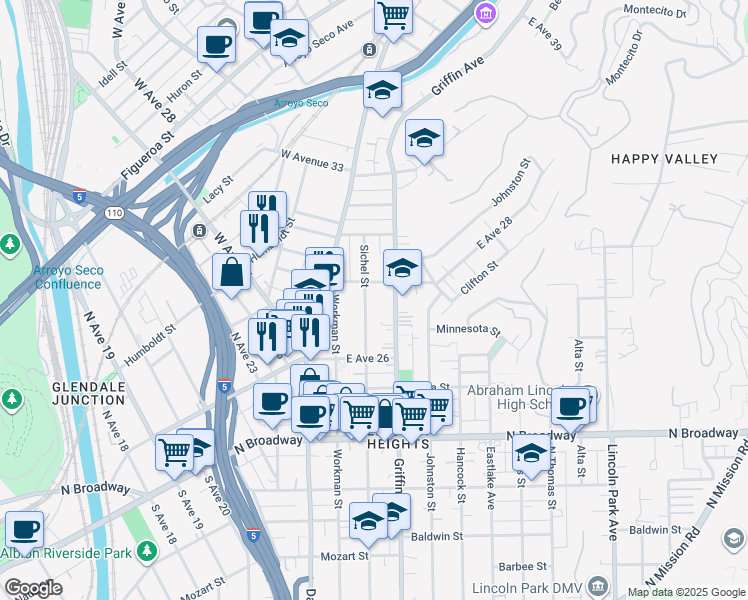 map of restaurants, bars, coffee shops, grocery stores, and more near 2667 Sichel Street in Los Angeles