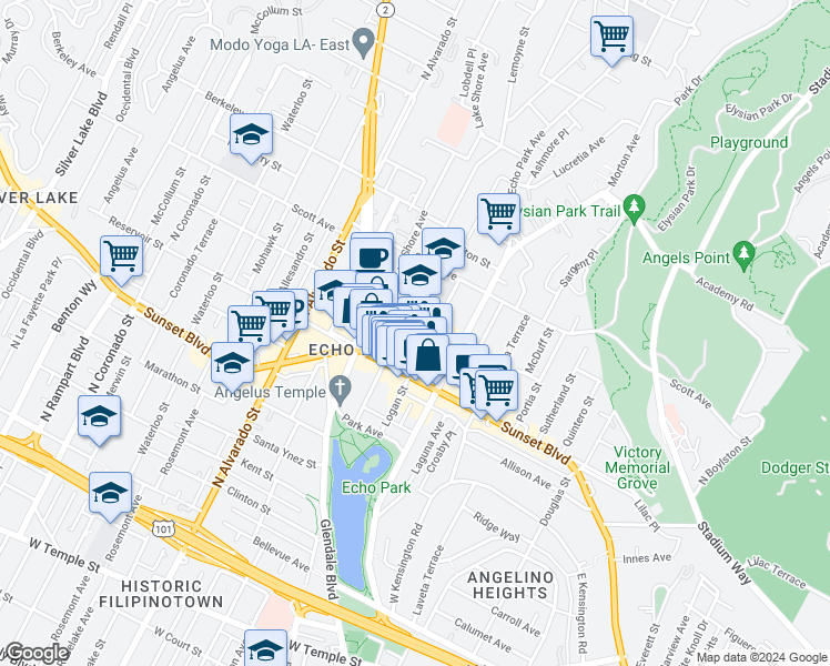 map of restaurants, bars, coffee shops, grocery stores, and more near 1720 Montana Street in Los Angeles